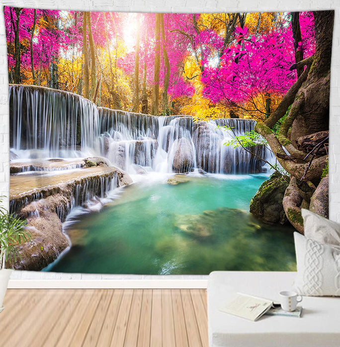 Pink Forest Waterfall Tapestry Paradisetopia