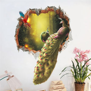 Peacock 3D Broken Wall Hole Scenery Mural Art Decals